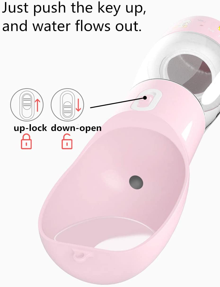 Portable Dog Water Bottle - Leak Proof Dog Water Dispenser with Bowl & Food Container, Dishwasher Safe Food Grade Plastic for Pet Puppy Outdoor Walking Hiking Travel Pink